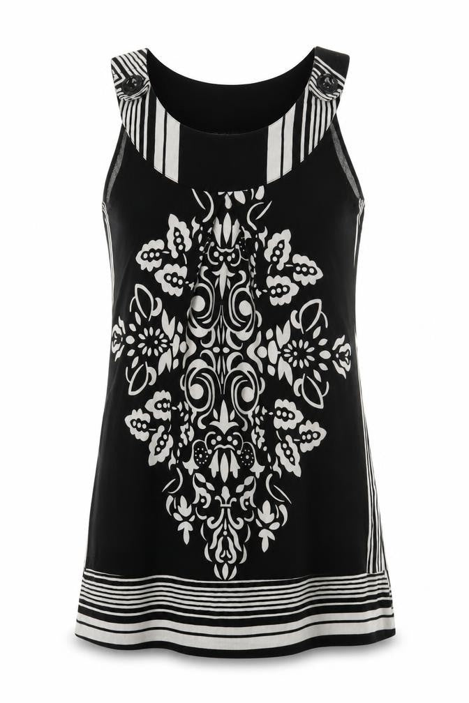 Pussycat Womens Black Geometric Polyester A-Line Size M Round Neck Button