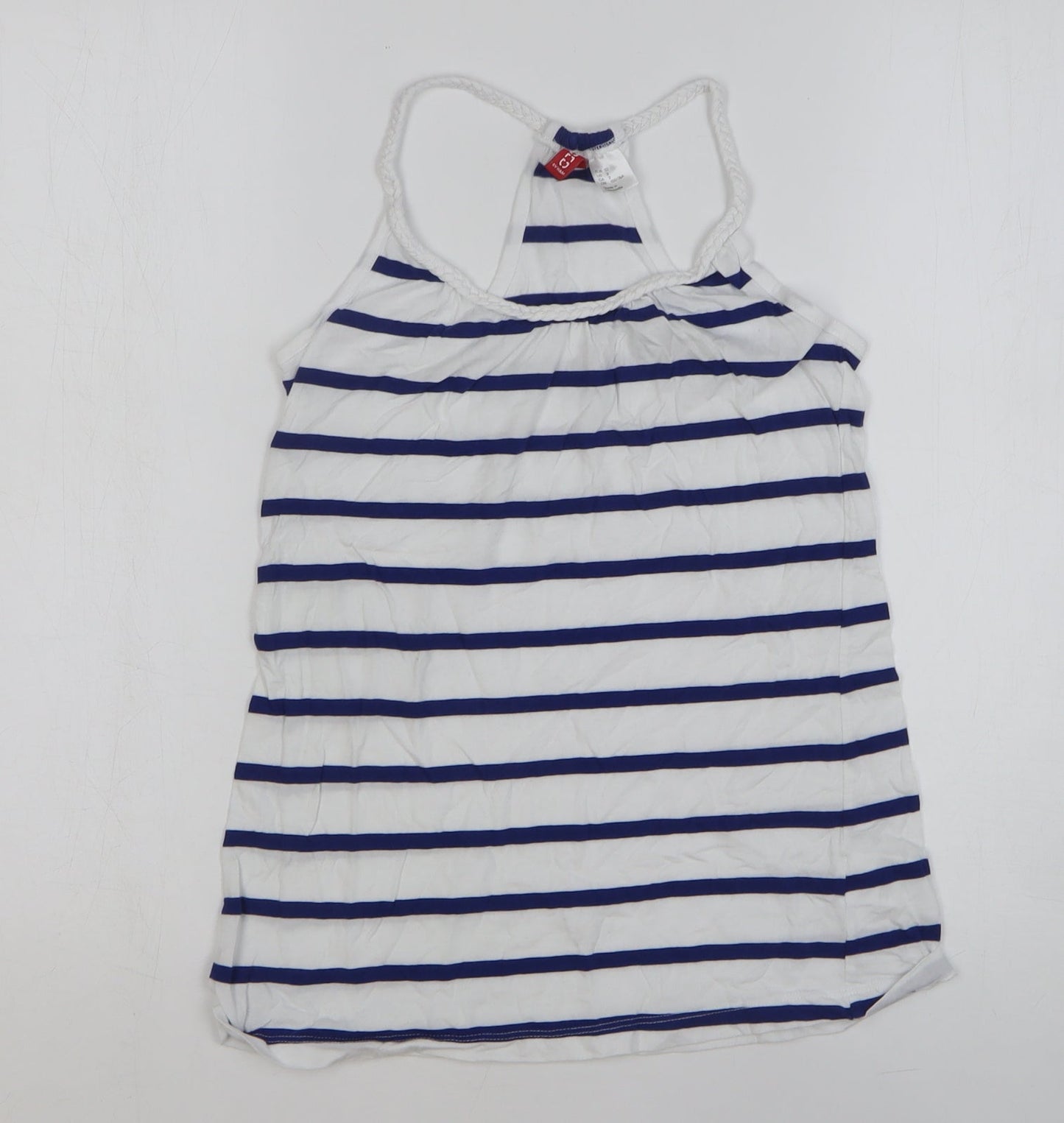 H&M Womens White Striped 100% Cotton Basic Tank Size 4 Round Neck