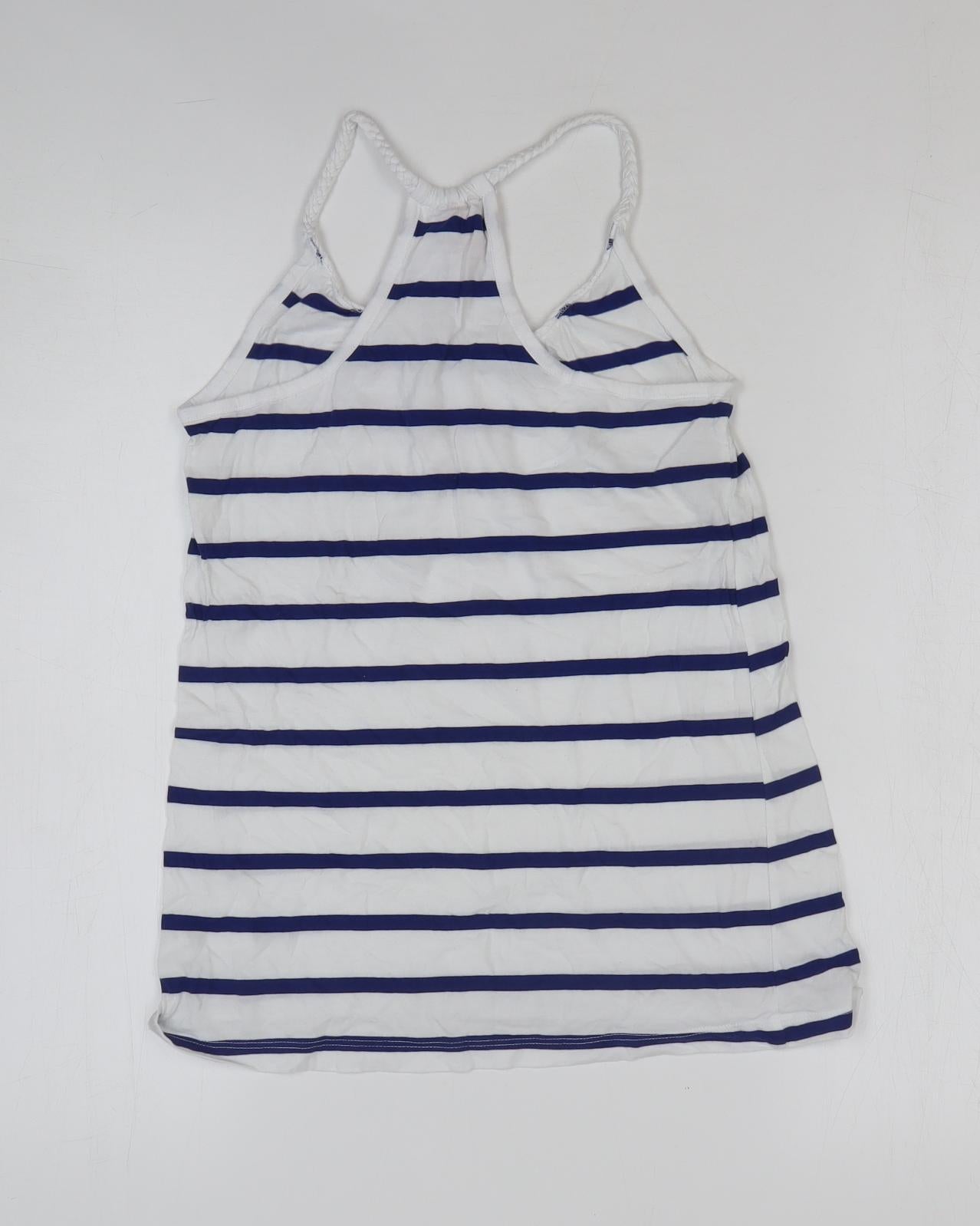H&M Womens White Striped 100% Cotton Basic Tank Size 4 Round Neck