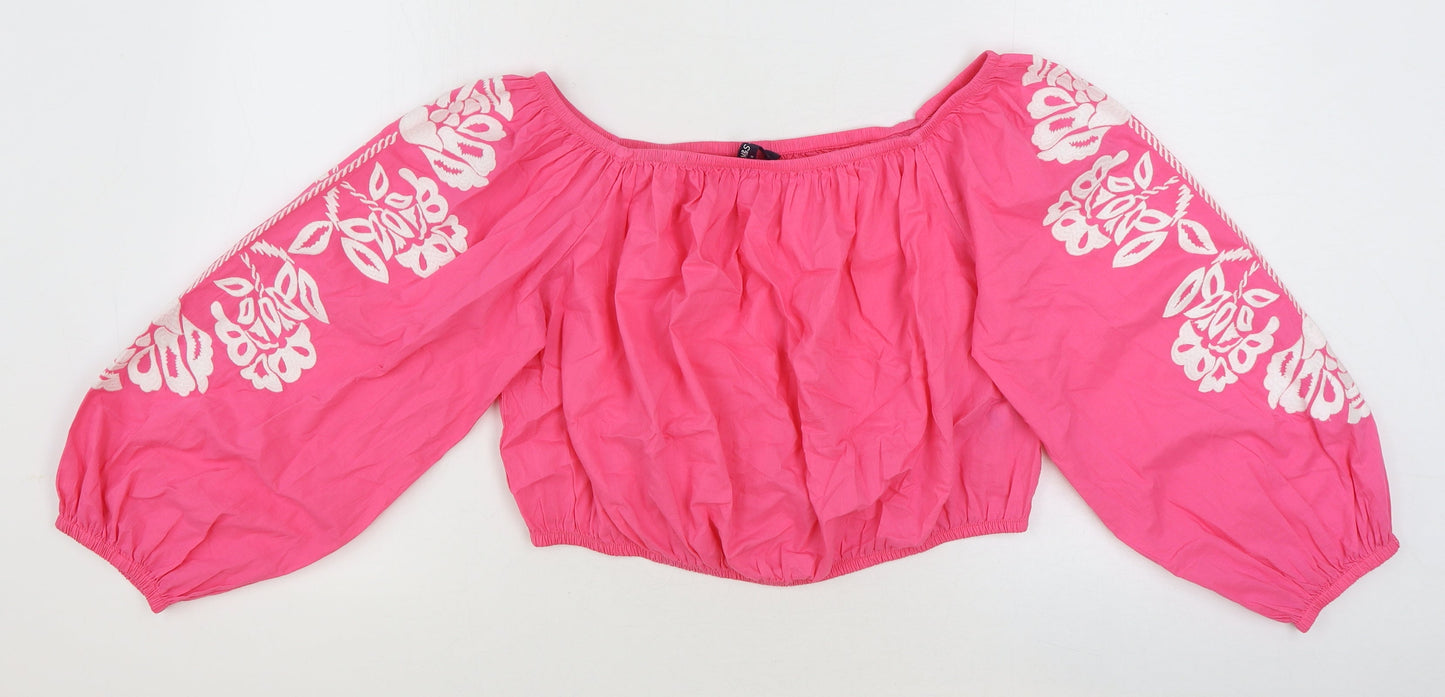 Marks and Spencer Womens Pink Floral 100% Cotton Cropped Blouse Size 18 Off the Shoulder
