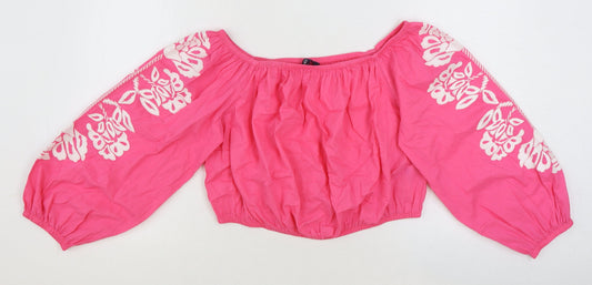 Marks and Spencer Womens Pink Floral 100% Cotton Cropped Blouse Size 18 Off the Shoulder