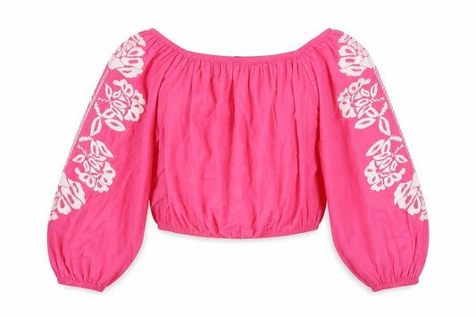 Marks and Spencer Womens Pink Floral 100% Cotton Cropped Blouse Size 18 Off the Shoulder