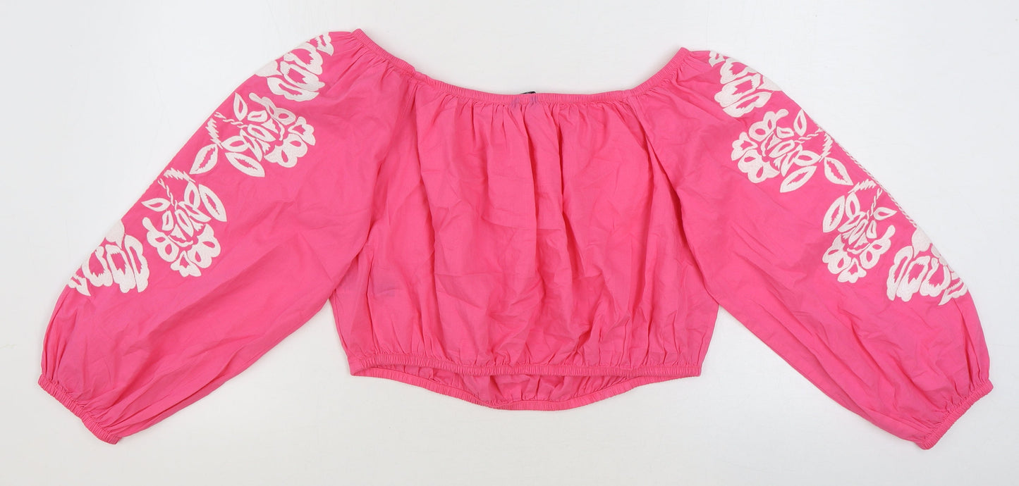 Marks and Spencer Womens Pink Floral 100% Cotton Cropped Blouse Size 18 Off the Shoulder