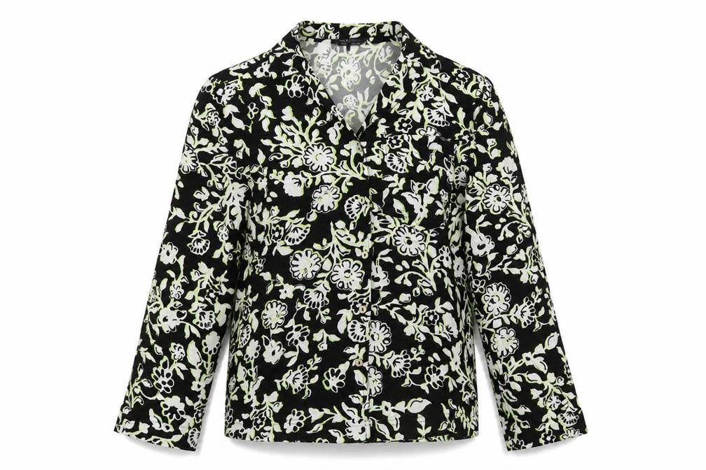 Marks & Spencer Womens Black Geometric Viscose Basic Button-Up Size 6 V-Neck