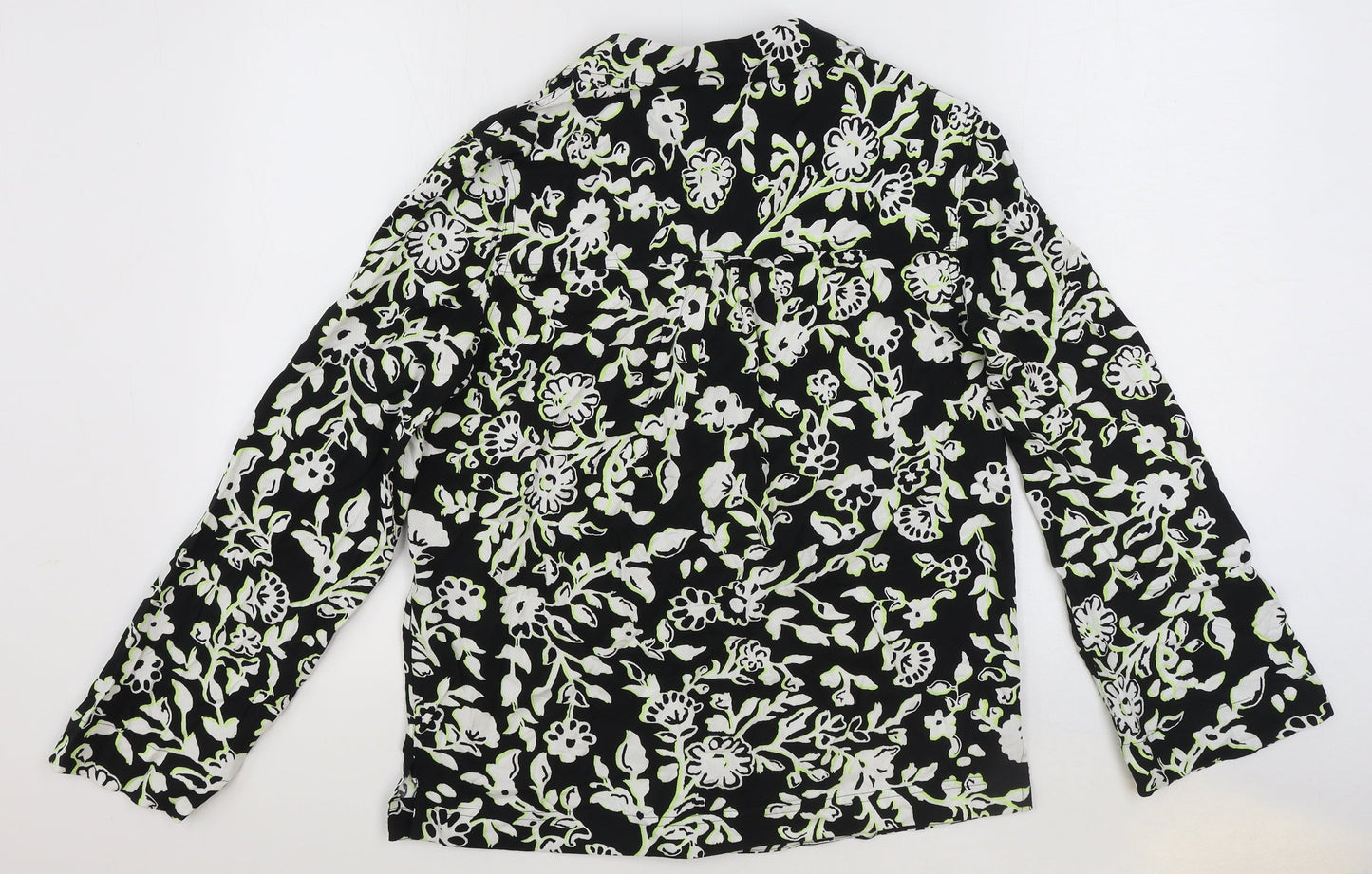 Marks and Spencer Womens Black Geometric Viscose Basic Button-Up Size 6 V-Neck
