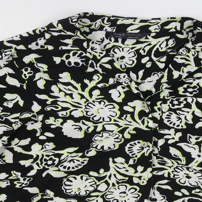 Marks & Spencer Womens Black Geometric Viscose Basic Button-Up Size 6 V-Neck