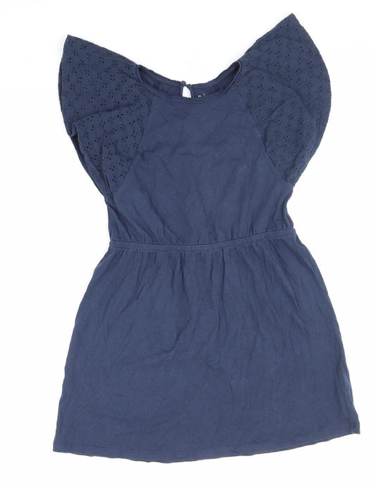 Essential Womens Blue 100% Cotton Mini Size 6 Round Neck Button - Broderie Anglaise