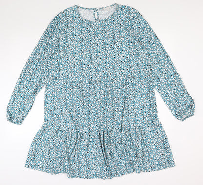 Pebble Bay Womens Blue Floral Polyester Shift Size 14 Round Neck Button