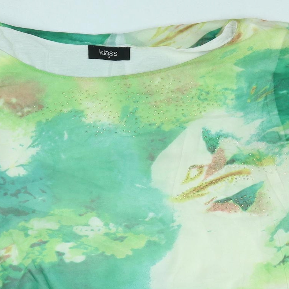 Klass Womens Green Geometric Polyester Basic Blouse Size M Round Neck