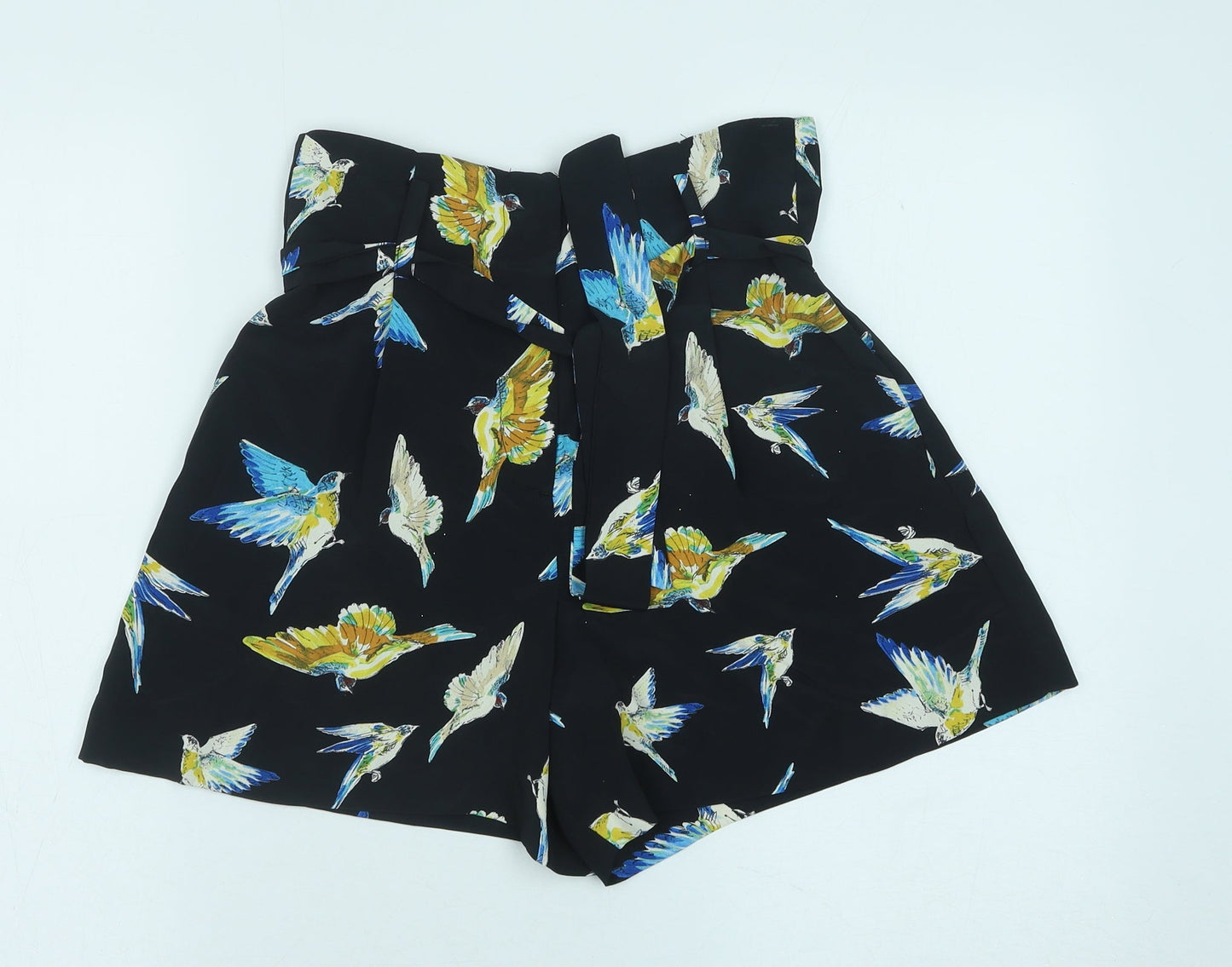 Preworn Womens Black Geometric Polyester Paperbag Shorts Size 28 in Regular Zip - Bird Print