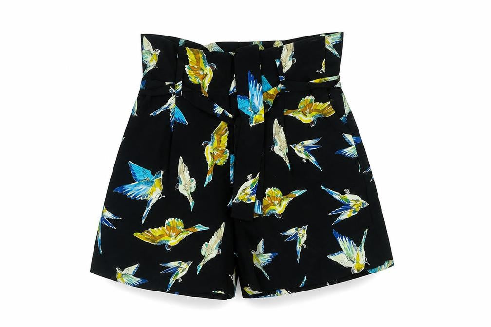 Preworn Womens Black Geometric Polyester Paperbag Shorts Size 28 in Regular Zip - Bird Print