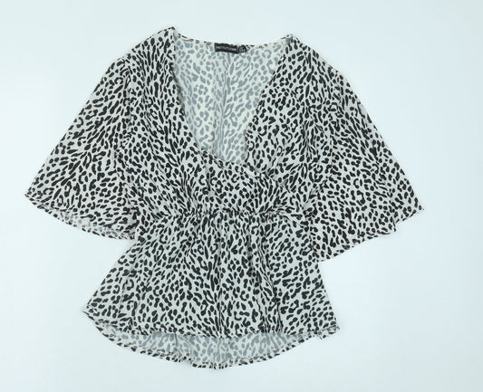 PRETTYLITTLETHING Womens Black Animal Print Polyester Basic Blouse Size 12 V-Neck