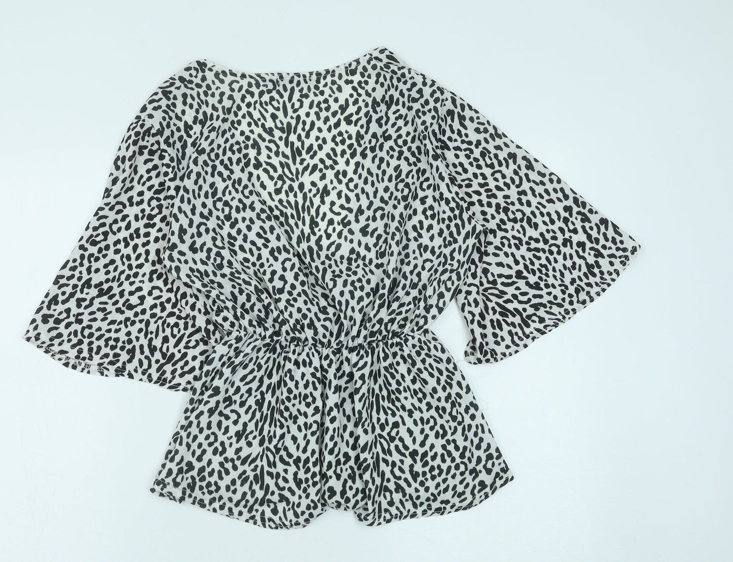 PRETTYLITTLETHING Womens Black Animal Print Polyester Basic Blouse Size 12 V-Neck