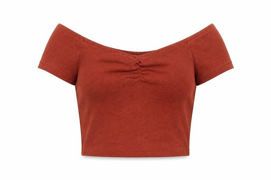 Pure Womens Orange Cotton Cropped T-Shirt Size S Off the Shoulder - Ribbed