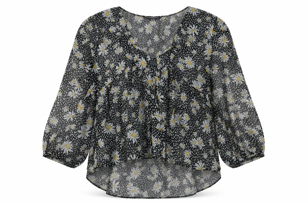 Primark Womens Black Floral Polyester Basic Blouse Size 10 Scoop Neck - Daisy Print Smock