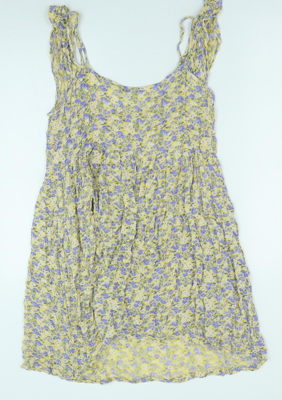 New Look Womens Yellow Floral Viscose A-Line Size 14 Scoop Neck Pullover