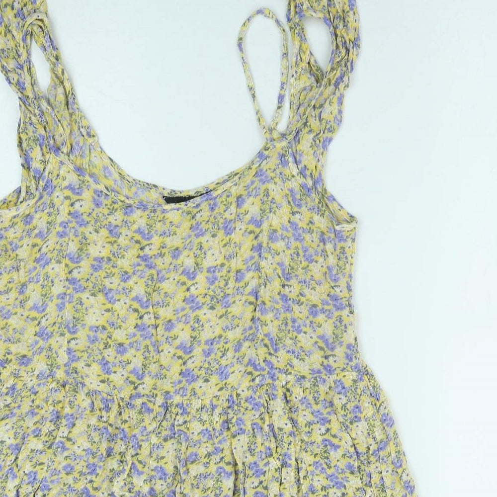 New Look Womens Yellow Floral Viscose A-Line Size 14 Scoop Neck Pullover