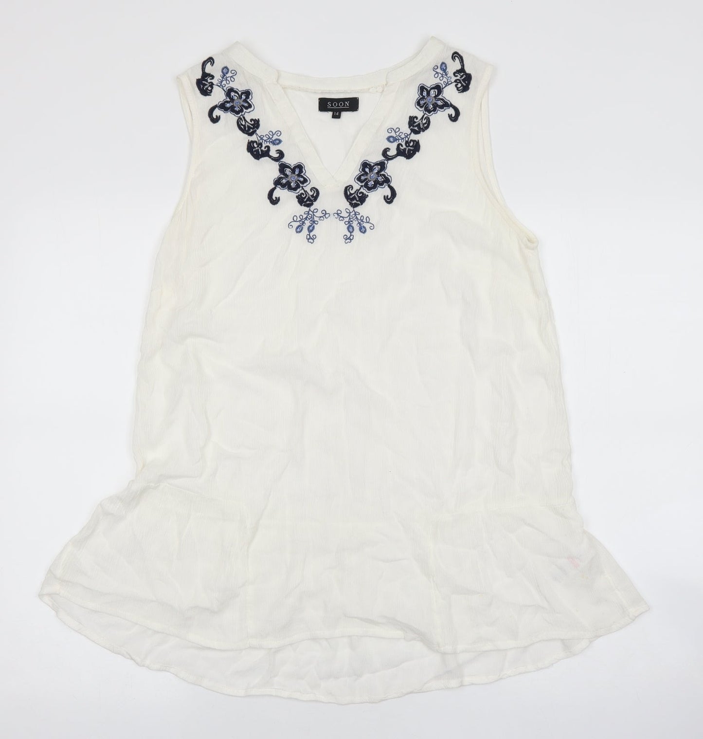 Soon Womens Silver Viscose Basic Tank Size 14 V-Neck - Flower embroidery detail