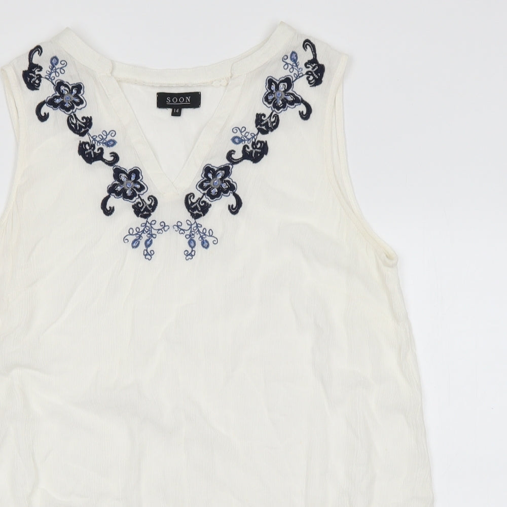 Soon Womens Silver Viscose Basic Tank Size 14 V-Neck - Flower embroidery detail