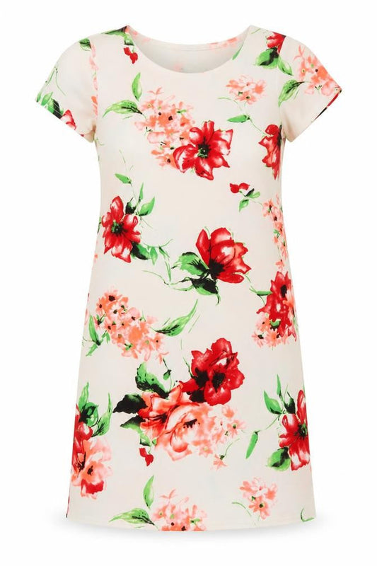 Boohoo Womens White Floral Polyester T-Shirt Dress Size 8 Boat Neck Pullover
