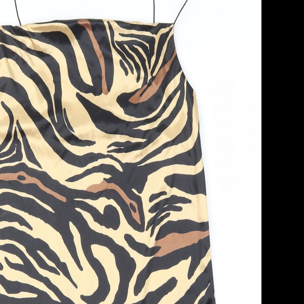 Zara Womens Gold Animal Print Polyester Slip Dress Size S Cowl Neck Pullover