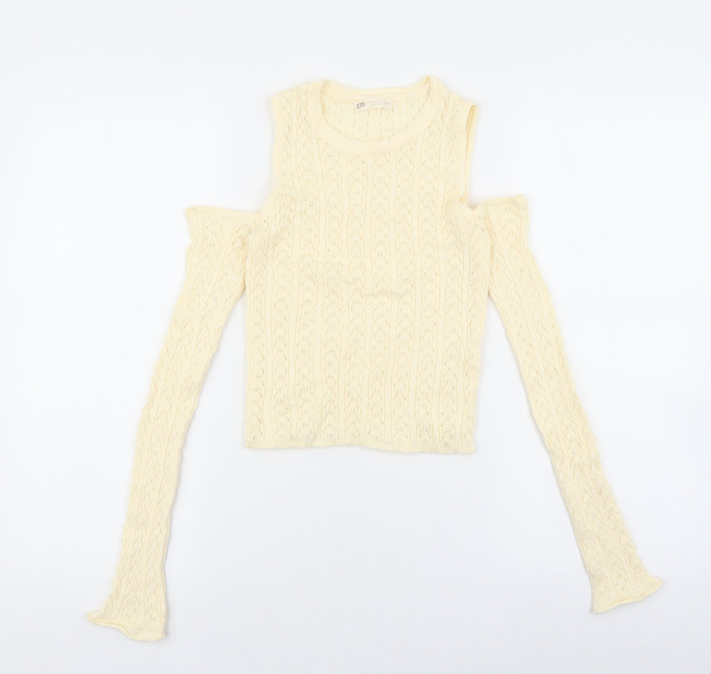 Stradivarius Womens Ivory Roll Neck Geometric Acrylic Pullover Jumper Size M - Cold Shoulder