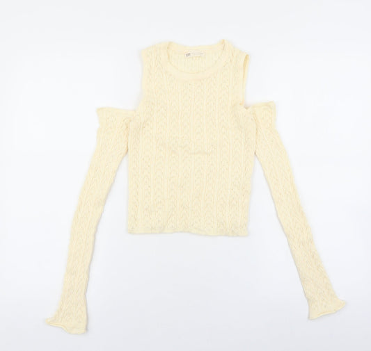 Stradivarius Womens Ivory Roll Neck Geometric Acrylic Pullover Jumper Size M - Cold Shoulder