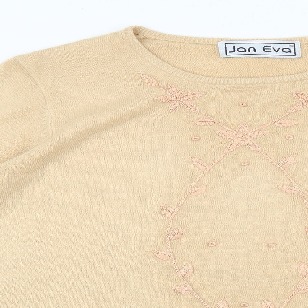 Jan Eva Womens Beige Round Neck Acrylic Pullover Jumper Size L - Flower Detail