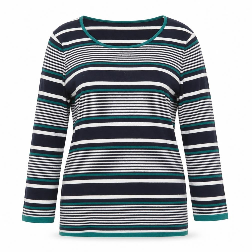 Country Casuals Womens Blue Striped Viscose Basic T-Shirt Size L Round Neck