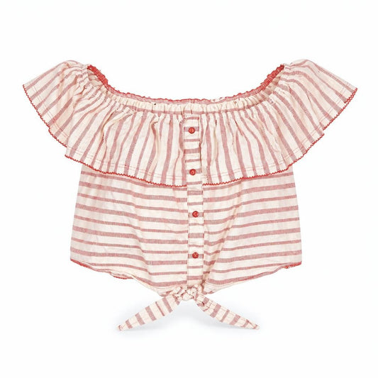 Miss Selfridge Womens Red Striped 100% Cotton Cropped Blouse Size 12 Off the Shoulder