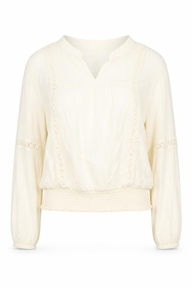 EM Womens Beige Viscose Basic Blouse Size L V-Neck - Shirred Bottom