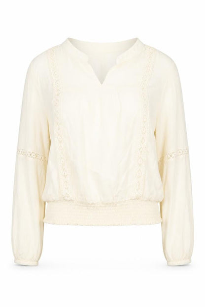 EM Womens Beige Viscose Basic Blouse Size L V-Neck - Shirred Bottom