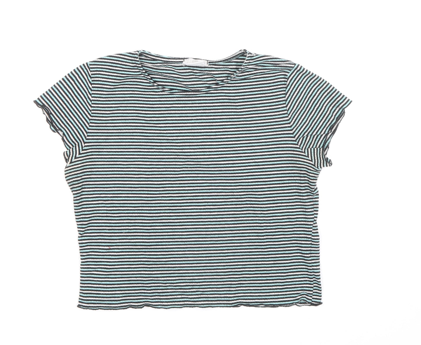 Cooperative Womens Blue Striped Polyester Basic T-Shirt Size S Round Neck