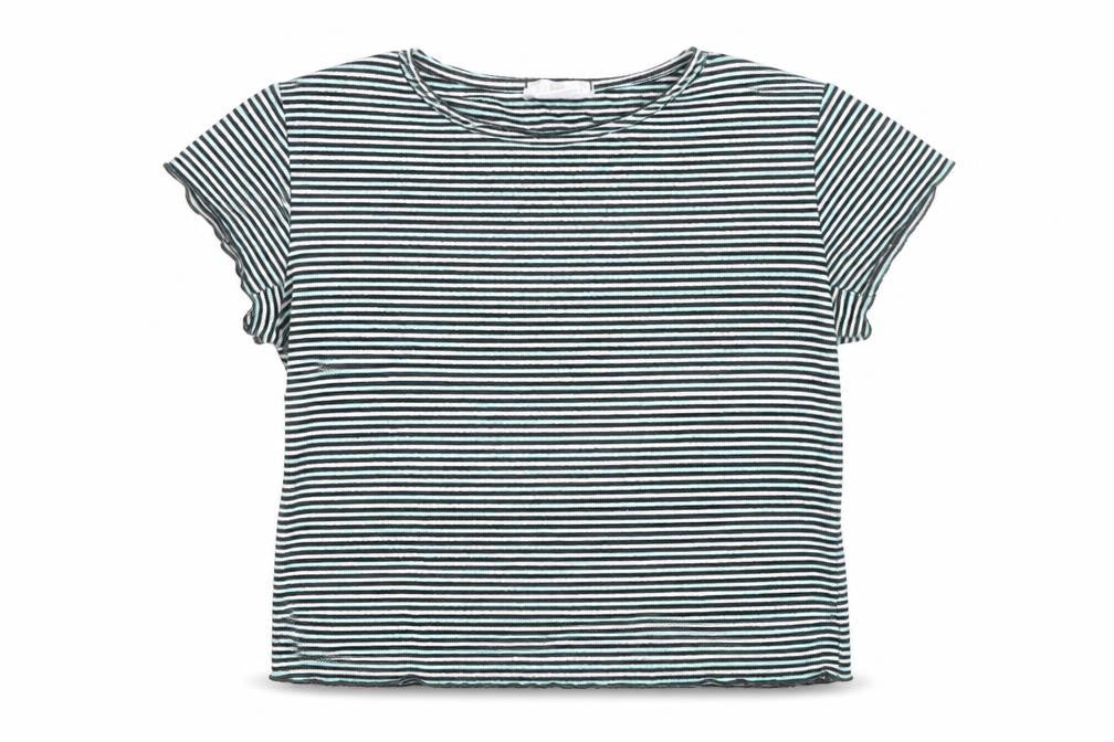 Cooperative Womens Blue Striped Polyester Basic T-Shirt Size S Round Neck