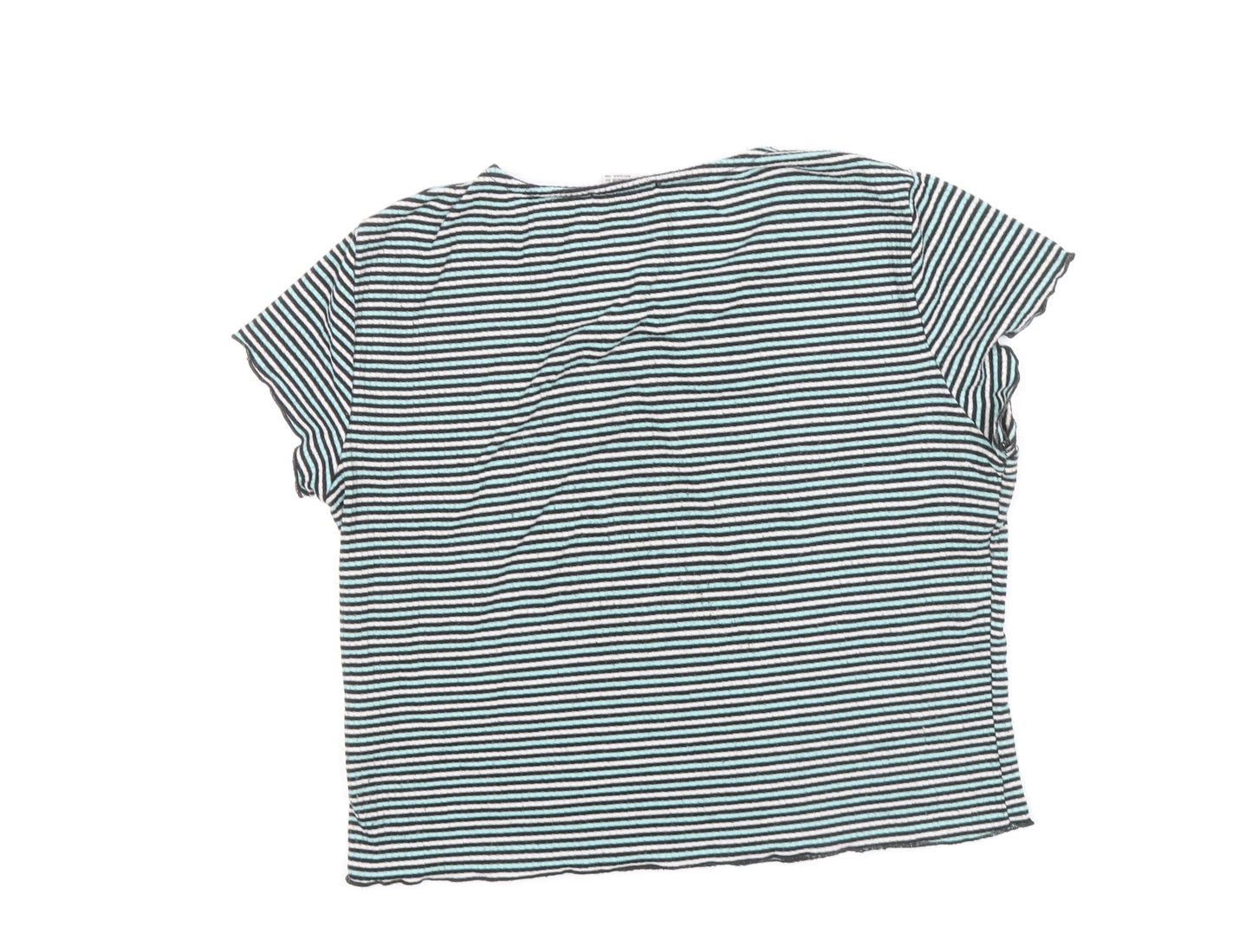 Cooperative Womens Blue Striped Polyester Basic T-Shirt Size S Round Neck