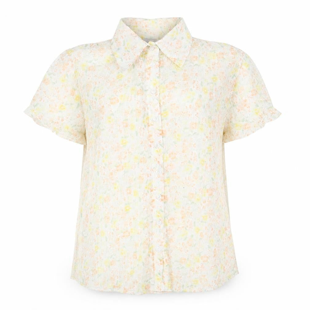 EVIE Womens Yellow Geometric Polyester Basic Button-Up Size 12 V-Neck