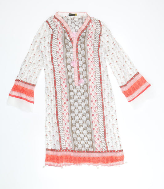 Khas Pret Womens White Geometric Polyester Tunic T-Shirt Size S V-Neck