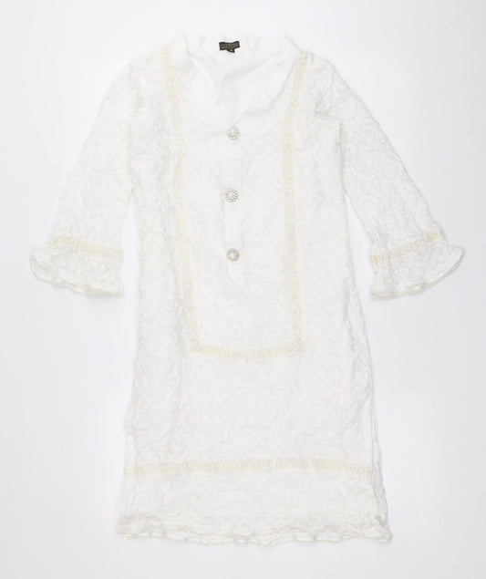Lakthai Womens White Geometric Polyester Tunic T-Shirt Size S V-Neck