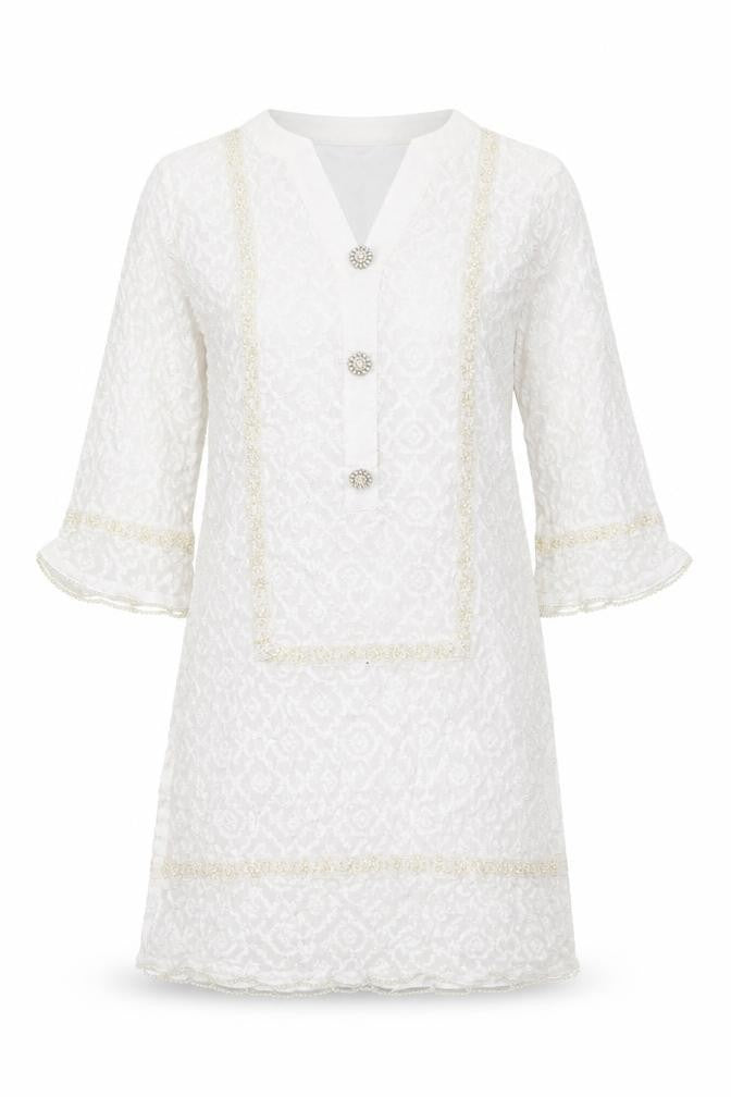 Lakthai Womens White Geometric Polyester Tunic T-Shirt Size S V-Neck