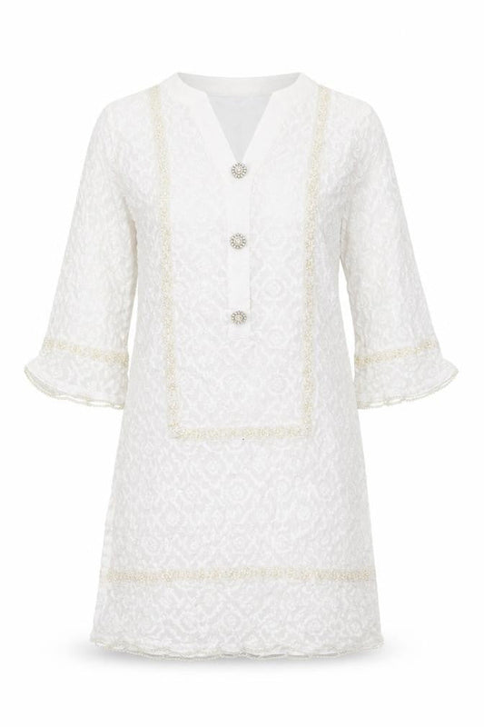 Lakthai Womens White Geometric Polyester Tunic T-Shirt Size S V-Neck