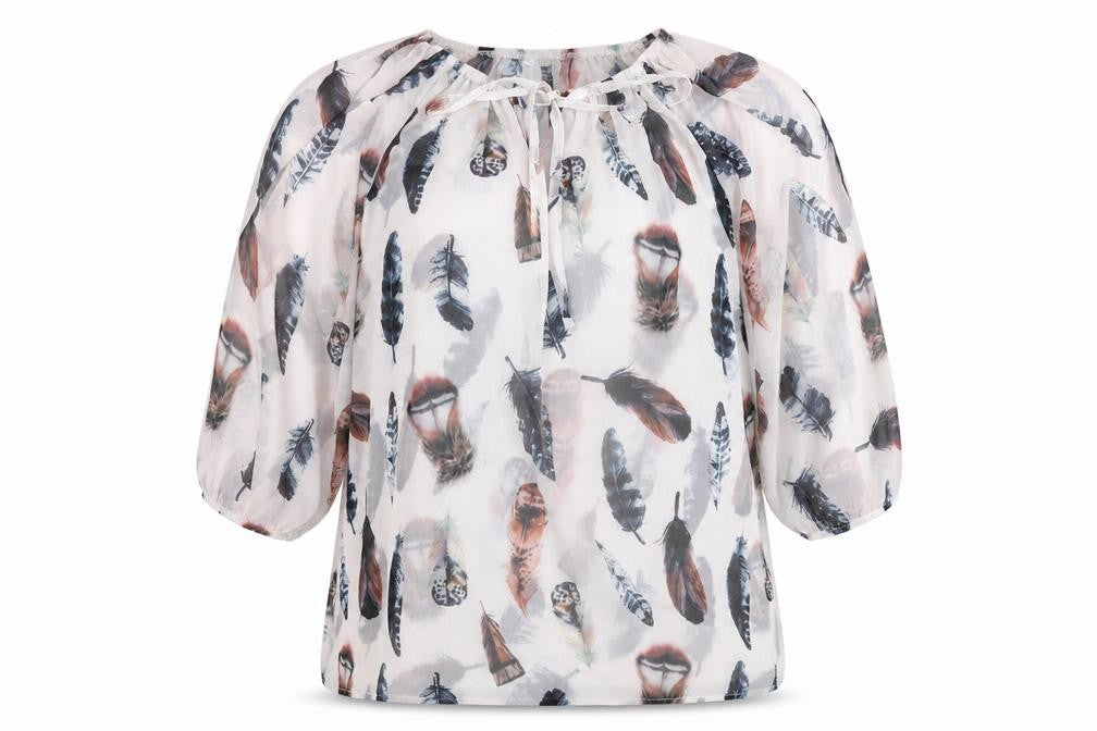 Preworn Womens White Geometric Polyester Basic Blouse Size 10 Boat Neck - Feather Print