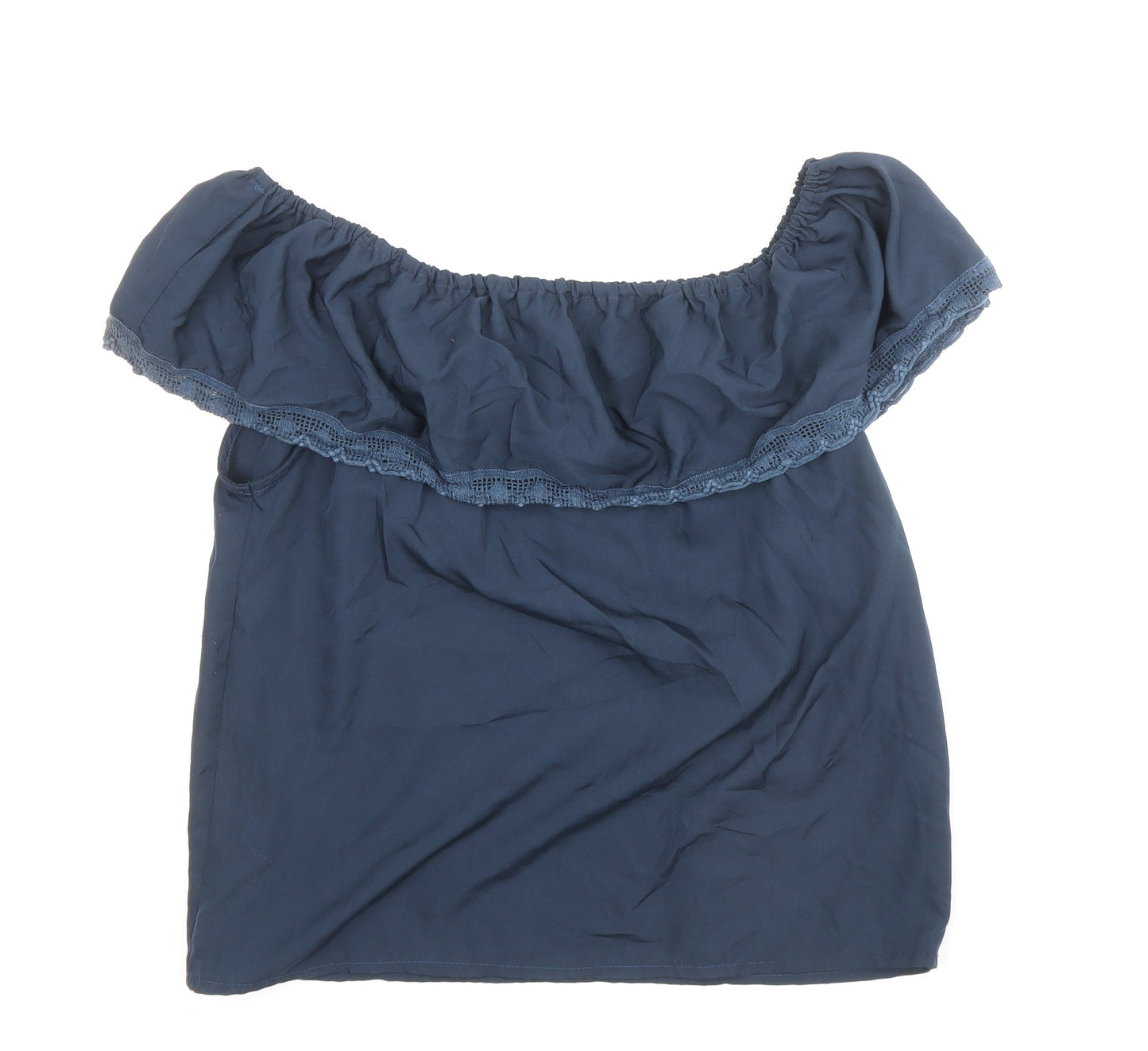 Ribbon Womens Blue Polyester Basic Blouse Size 12 Boat Neck