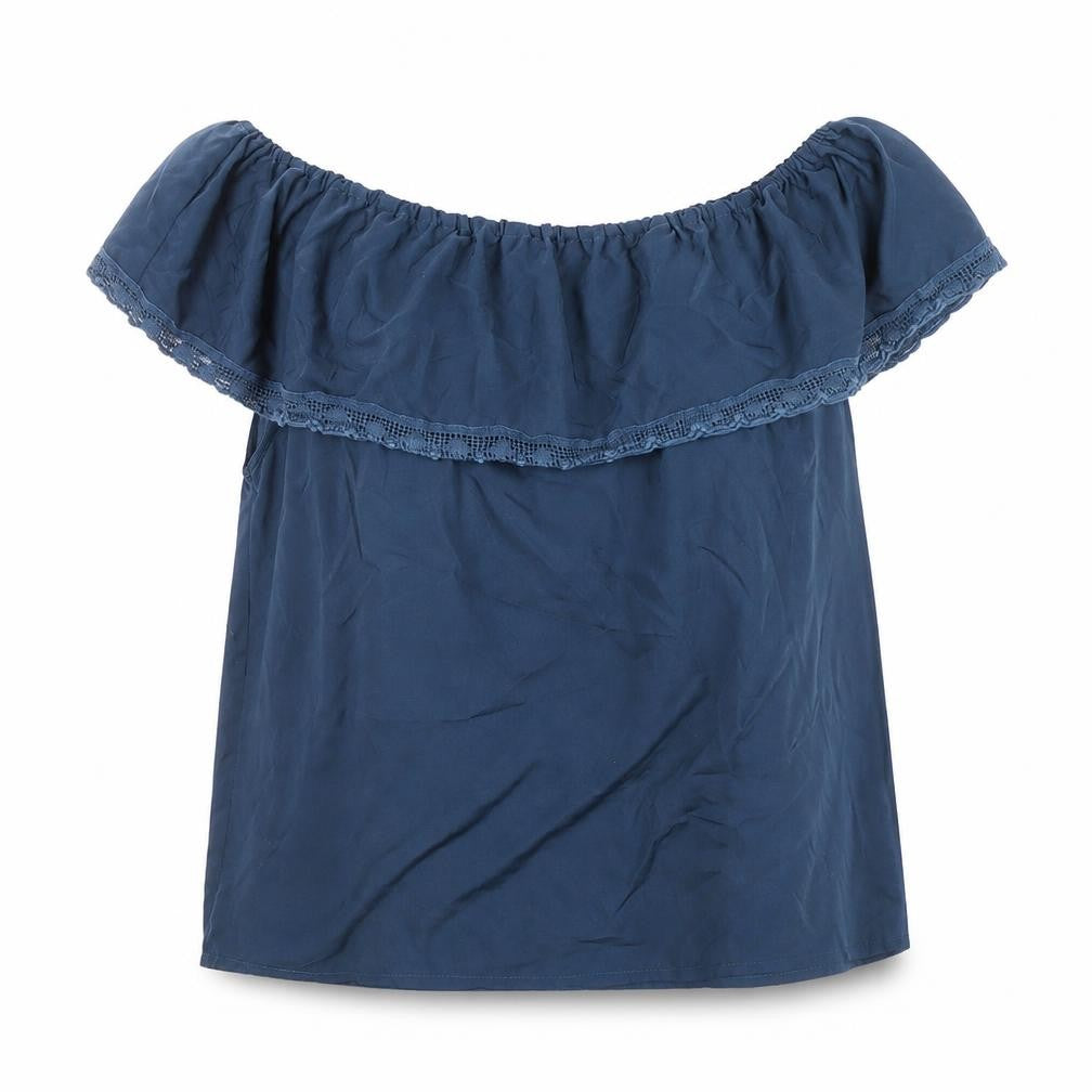 Ribbon Womens Blue Polyester Basic Blouse Size 12 Boat Neck
