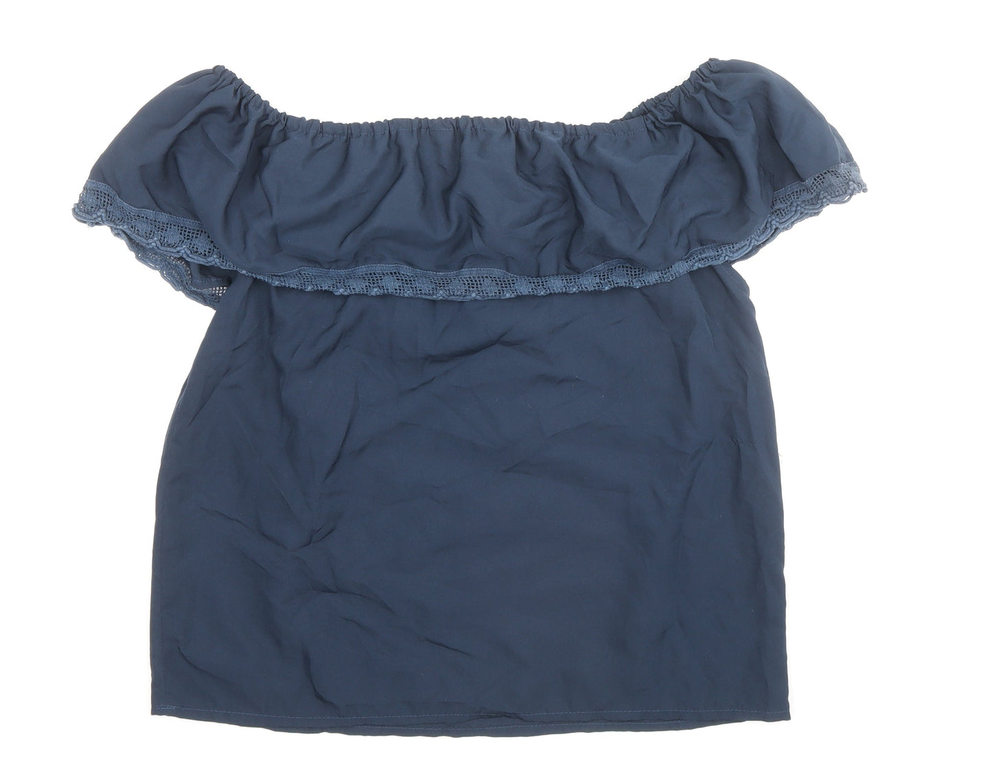 Ribbon Womens Blue Polyester Basic Blouse Size 12 Boat Neck