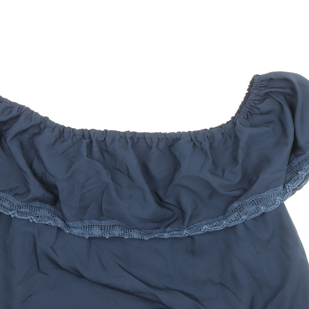 Ribbon Womens Blue Polyester Basic Blouse Size 12 Boat Neck