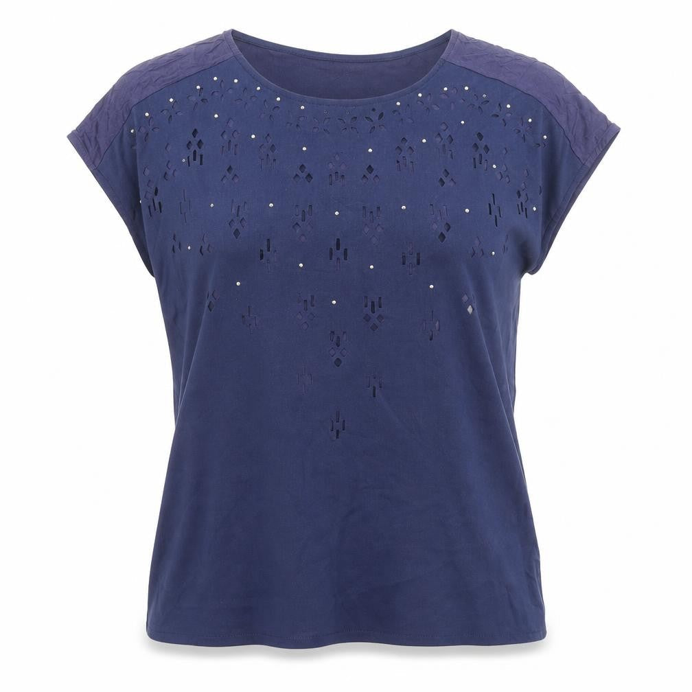 Klass Womens Blue Polyester Basic T-Shirt Size M Round Neck - Laser cut style on front