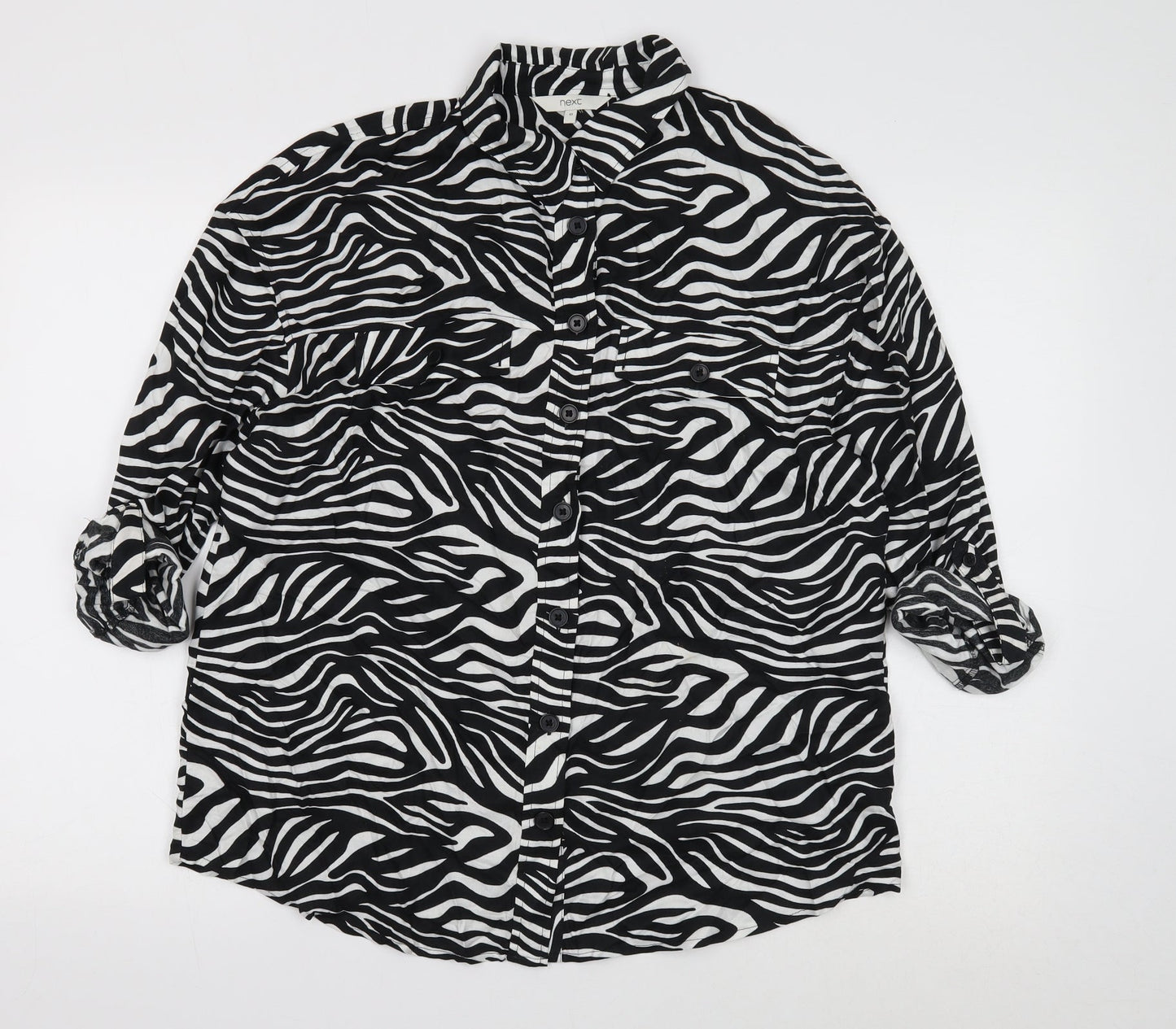 NEXT Womens Black Animal Print Viscose Basic Button-Up Size 10 V-Neck - 3/4 sleeve to long sleeve