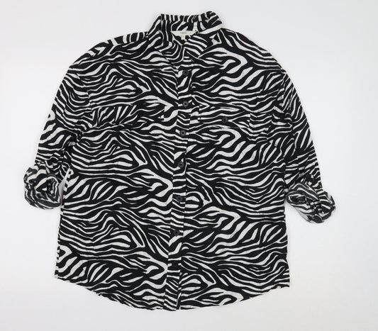 NEXT Womens Black Animal Print Viscose Basic Button-Up Size 10 V-Neck - 3/4 sleeve to long sleeve