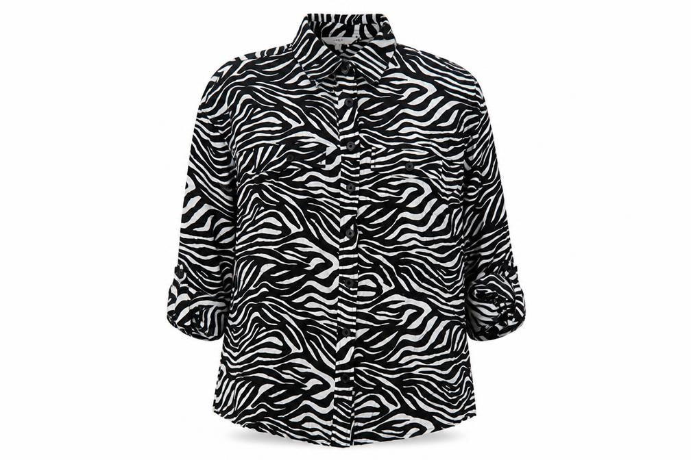Next Womens Black Animal Print Viscose Basic Button-Up Size 10 V-Neck - 3/4 sleeve to long sleeve