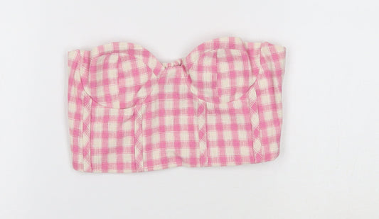 Zara Womens Pink Geometric Cotton Cropped Tank Size 4XL Off the Shoulder - Shirred detail at the back